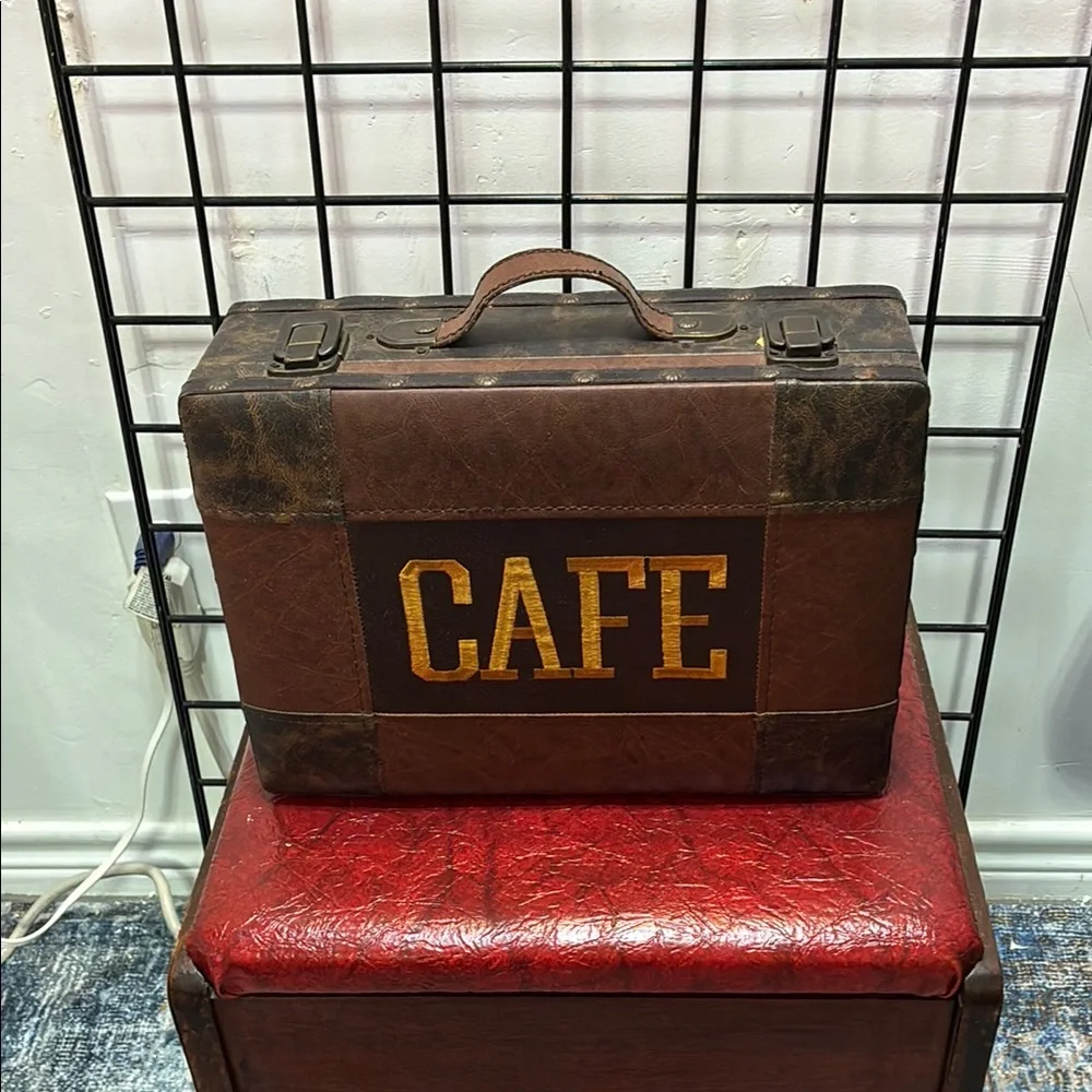 Brown faux leather decorative box that opens & says CAFE on it.